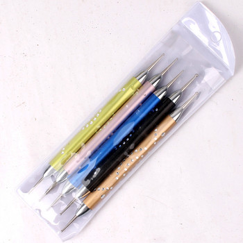 5Pcs Set UV Gel Painting Nail Art Dotting Pen Акрилна дръжка Rhinestone Crystal 2 Way Brush Salon Decoration Manicure Tools Kit