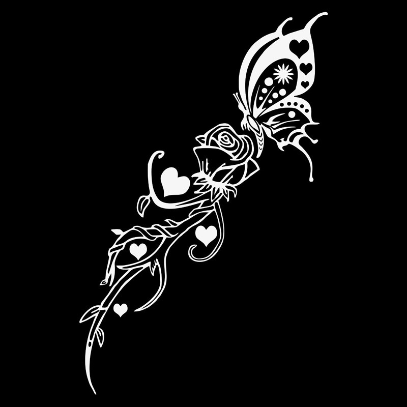 YJZT 9.9*15.2CM Prekrasna ruža leptir naljepnica za automobil Elegantne motociklističke vinilne naljepnice crna/srebrna C7-1677