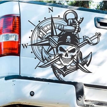 Αυτοκόλλητα εξωτερικού χώρου Pirate Skull On Compass για Αυτοκόλλητο αυτοκινήτου Πλαϊνή διακόσμηση Camping Auto Parts αδιάβροχα αυτοκόλλητα βινυλίου κοπής