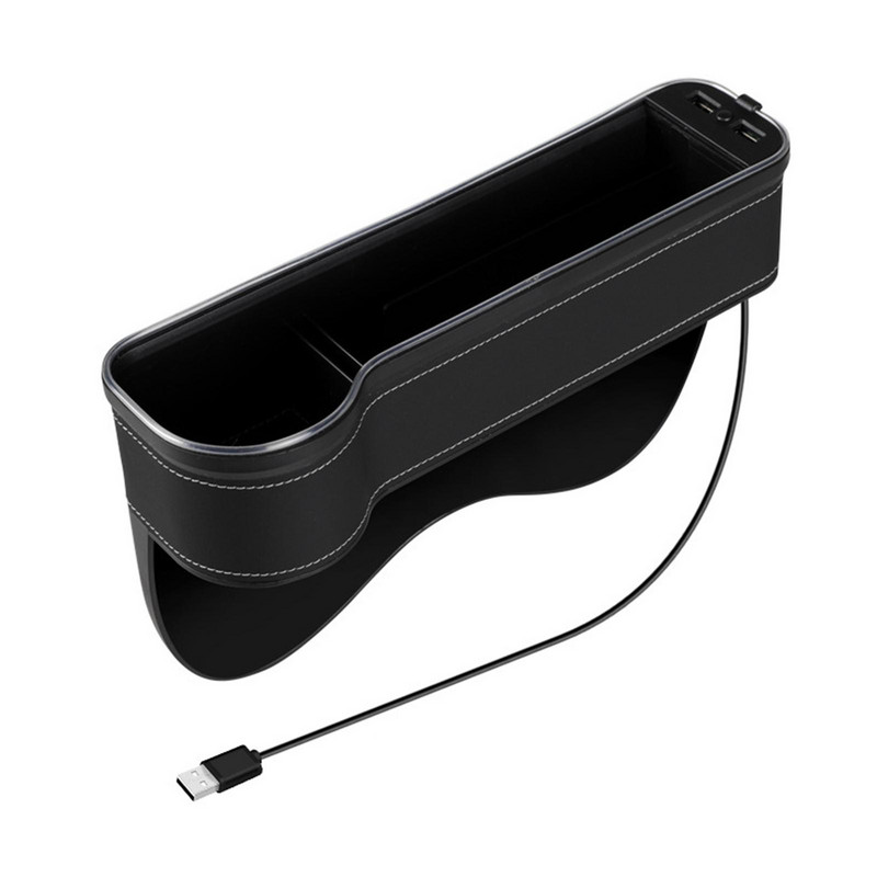 Új autós réstároló doboz 2 USB töltővel színes LED ülésrés hasított zsebes ülésrendező kártya telefon üvegpoharak tartó