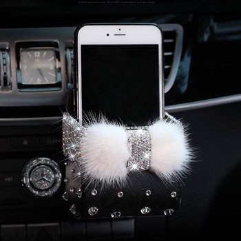 Diamond Crystal Bowknot Portable Car Storage Box Bag Mink fur Auto Vent Mount Holder Козметичен калъф Универсална чанта за мобилен телефон