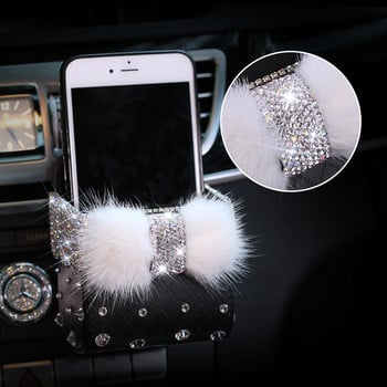 Diamond Crystal Bowknot Portable Car Storage Box Bag Mink fur Auto Vent Mount Holder Козметичен калъф Универсална чанта за мобилен телефон