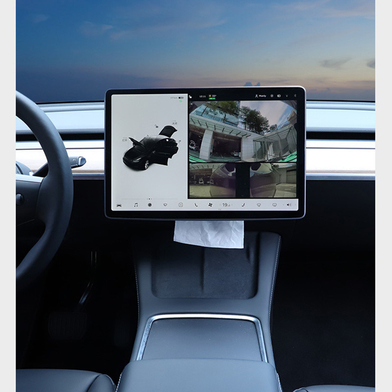 Velúr autókendős doboz Tesla Model 3 YSX modellhez, belső autós kiegészítők tárolótáska képernyő mögé rejtett szalvéta papírtartóhoz