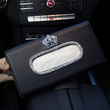 Fashion Crown Crystal Car Tissue Box Слънцезащитна козирка Кожена автомобилна чанта за кърпички Слънцезащитна чанта Висящ държач Калъф Салфетка за автомобилни аксесоари