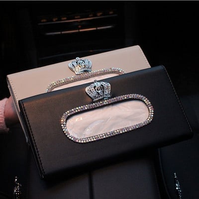 Fashion Crown Crystal Car Tissue Box Sun Visor Δερμάτινη Τσάντα Auto Tissue Θήκη Sunvisor Κρεμαστό χαρτοπετσέτα για αξεσουάρ αυτοκινήτου