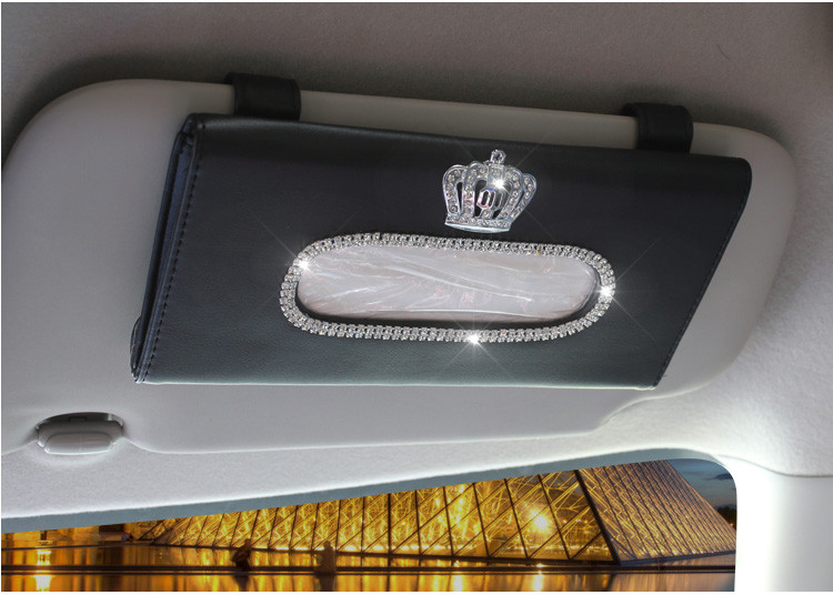 Fashion Crown Crystal Car Tissue Box Sun Visor Δερμάτινη Τσάντα Auto Tissue Θήκη Sunvisor Κρεμαστό χαρτοπετσέτα για αξεσουάρ αυτοκινήτου