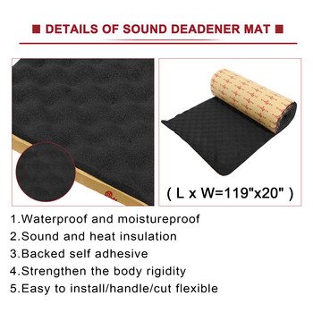 Uxcell Car Heatproof Wave Foam Deadender 50cmX203cm Черна автомобилна подложка за заглушаване на звука Капак на вратата Шумоизолация Памучна изолация
