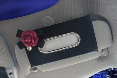 Cute Flower Crystal Tissue Box Θήκη χαρτιού για αντηλιακό αυτοκινήτου Δερμάτινες κρεμαστά θήκες Auto Sunvisor Tissue Θήκες Γυναικεία αξεσουάρ αυτοκινήτου