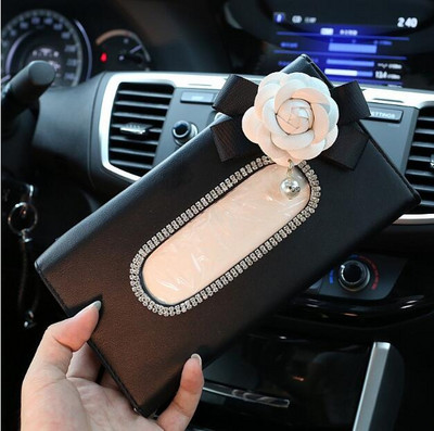 Cute Flower Crystal Tissue Box Θήκη χαρτιού για αντηλιακό αυτοκινήτου Δερμάτινες κρεμαστά θήκες Auto Sunvisor Tissue Θήκες Γυναικεία αξεσουάρ αυτοκινήτου