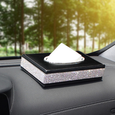 Luksusa rhinestones automašīnas auduma kastītes uzglabāšanas papīra dvieļi PU ādas melni audu turētāji dvieļi kristāla audu kastītes vāka auto ieveidošana