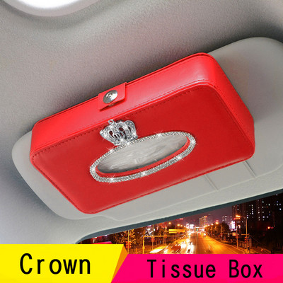 Red Crown Crystal Rhinestone Car Sun Visor Тип Car Tissue Box Държач Diamante Интериор Хартиена кърпа Аксесоари за момичета