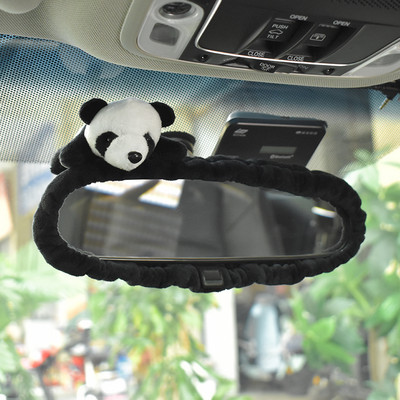 Cute Cartoon Panda Bear Car Interior Mirror Cover Stretch Plush Auto Rearview Mirror Case Decoration Accessories For Women