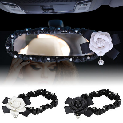 Car Interior Rearview Mirror Cover PU Leather Pearl Camellia Flower Auto Rear View Decoration Accessories For Women Girls