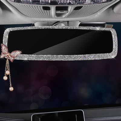 Bling Bling Rhinestone Car Rearview Mirror Decor Butterfly Interior Charm Crystal Diamond Огледало за обратно виждане Капак Аксесоари за кола
