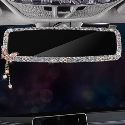 Bling Bling Kalnų krištolinis automobilio galinio vaizdo veidrodžio dekoras drugelio salono žavesys krištolo deimantų galinio vaizdo veidrodžio dangtelis Automobilių priedai