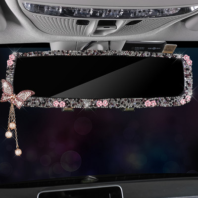 Bling Bling Kalnų krištolinis automobilio galinio vaizdo veidrodžio dekoras drugelio salono žavesys krištolo deimantų galinio vaizdo veidrodžio dangtelis Automobilių priedai