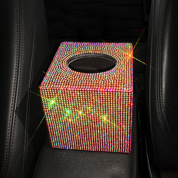 Кутия за кърпички за кола Sparkling Bling Block Type Square Box Луксозна калъфка за кърпички Rhinestone Crystal Diamond Glitter Bling Box за жени