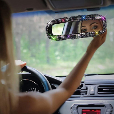 Kalnų krištolas blizgantis galinio vaizdo veidrodžio dekoras Automobilio interjero priedai moterims Bling Kalnų krištolas galinio vaizdo veidrodis Crystal Diamond O6J5