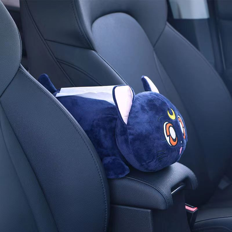 Plüss Luna Cat cica Kreatív autós szövetdoboz Autós kiegészítők lányoknak Női Para Auto Cartoon Karfa doboz Szék háttámla