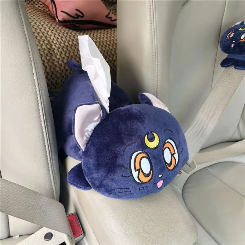 Plüss Luna Cat cica Kreatív autós szövetdoboz Autós kiegészítők lányoknak Női Para Auto Cartoon Karfa doboz Szék háttámla