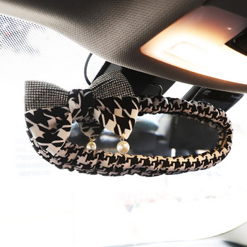 Класически кариран капак за огледало за кола с панделка Мек памучен автомобилен интериорен калъф за огледало за обратно виждане Аксесоари за декорация за жени и момичета