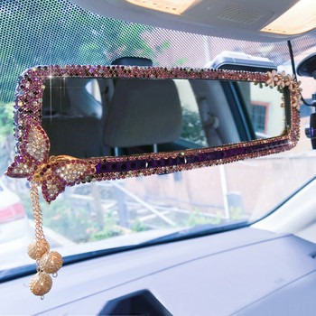Капак за огледало за обратно виждане на кола Диамантена декорация Огледало за обратно виждане Сладък лък Кристален защитен калъф Дамски аксесоари за интериора на колата