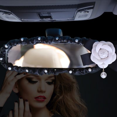 Pearl Camellia Flower Car Εσωτερικό κάλυμμα καθρέφτη PU Δερμάτινο Αξεσουάρ διακόσμησης αυτοκινήτου πίσω όψης για γυναίκες και κορίτσια