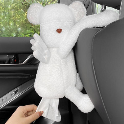 Cutie de șervețele pentru mașină în formă de desene animate Suport șervețel în 2 culori, în formă de urs drăguț, agățat, capac de hârtie absorbantă, container de depozitare pentru bancheta din spate a mașinii