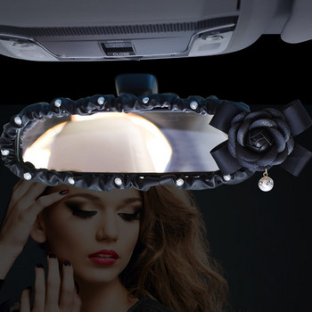 Интериор на автомобила Капак за огледало за обратно виждане PU кожена перла Камелия Цвете Автоматична декорация за обратно виждане Аксесоари за жени Момичета