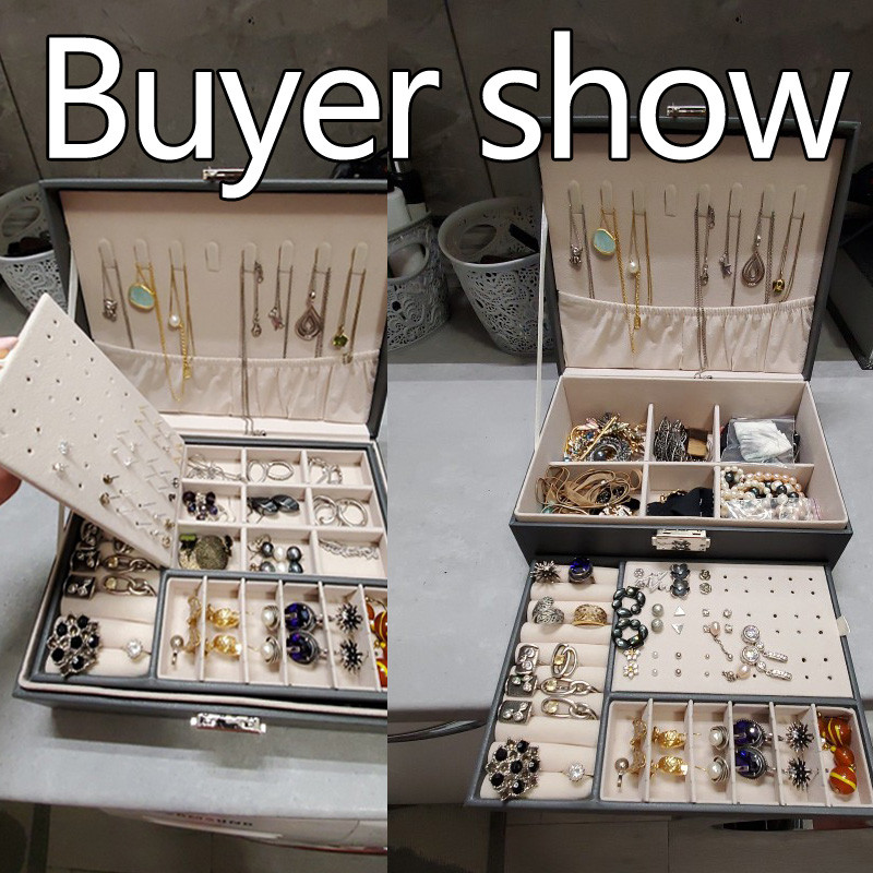 Nauja dvigubo sluoksnio PU / aksominė papuošalų dėžutė Modernus papuošalų laikymo laikiklis didelės talpos nešiojamas auskarų laikiklis dovanų pakuotė