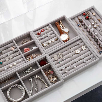 Χειροποίητο DIY Κουτί κοσμημάτων Συρτάρι Αποθήκευση Organizer Γκρι μαλακό βελούδινο σκουλαρίκι κοσμημάτων Κολιέ Κρεμαστό Δίσκος βραχιολιών 9 Επιλογές