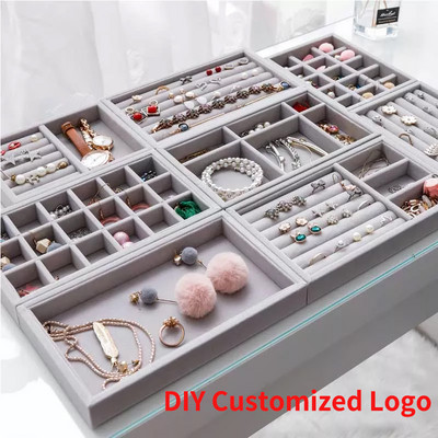 Χειροποίητο DIY Κουτί κοσμημάτων Συρτάρι Αποθήκευση Organizer Γκρι μαλακό βελούδινο σκουλαρίκι κοσμημάτων Κολιέ Κρεμαστό Δίσκος βραχιολιών 9 Επιλογές