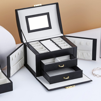 2020 Νέο πολυτελές κουτί κοσμημάτων τριών επιπέδων αποθήκευσης με φορητό κουτί αποθήκευσης με μεταξωτό νήμα καθρέφτη Κουτί κοσμημάτων με καρφιά σκουλαρίκια δαχτυλίδι