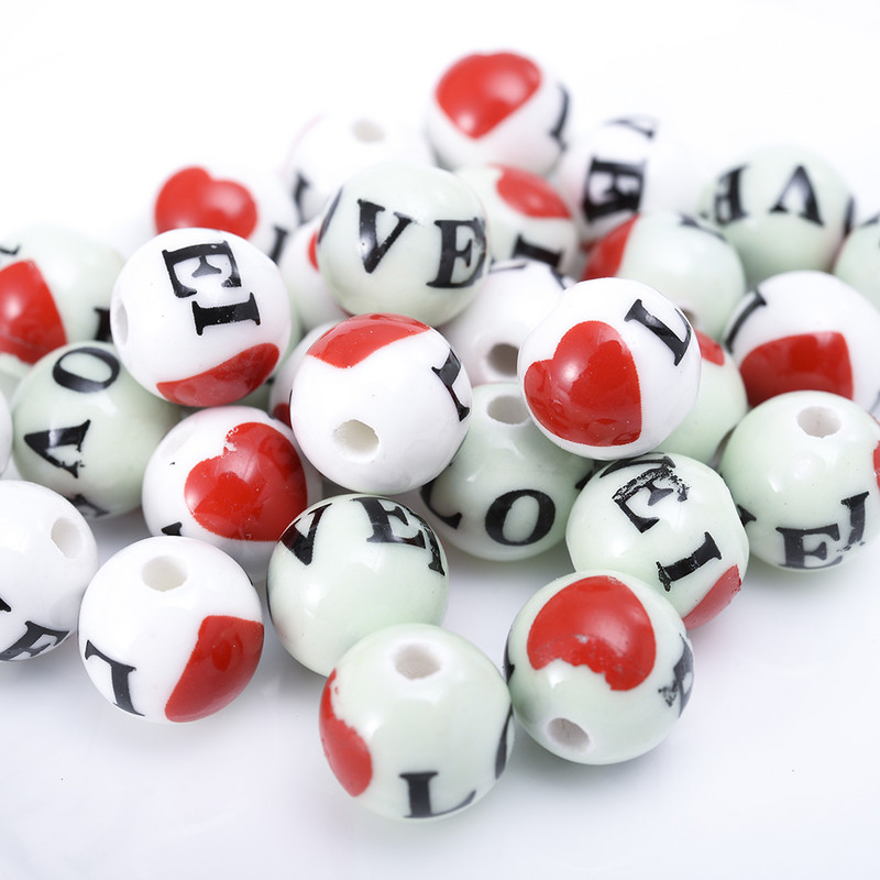 Uradi sam keramičke perle s uzorkom ljubavnog srca, 12 mm porculanske perle s okruglim rupama za DIY rukotvorine, narukvice, dodaci za izradu nakita, veleprodaja