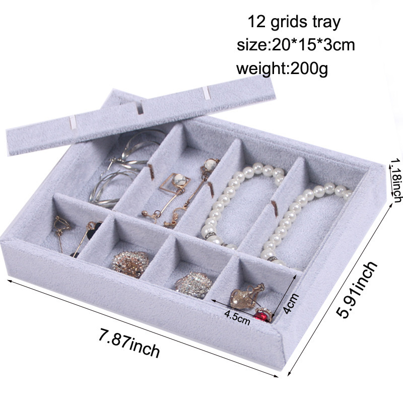 Novo baršunasto pakiranje nakita Izložba Kutija za nakit Naušnice Ogrlice Privjesci Ladice za pohranu Sivi mekani organizator Kutija za držač ladice