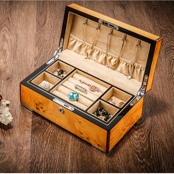 Πολυτελή δαχτυλίδια οργάνωσης κοσμημάτων από φυσικό ξύλο πολυτελείας Σκουλαρίκι Στήριγμα κολιέ Βελούδινο κουτί αποθήκευσης κοσμημάτων δώρου σε στυλ διπλών στρώσεων