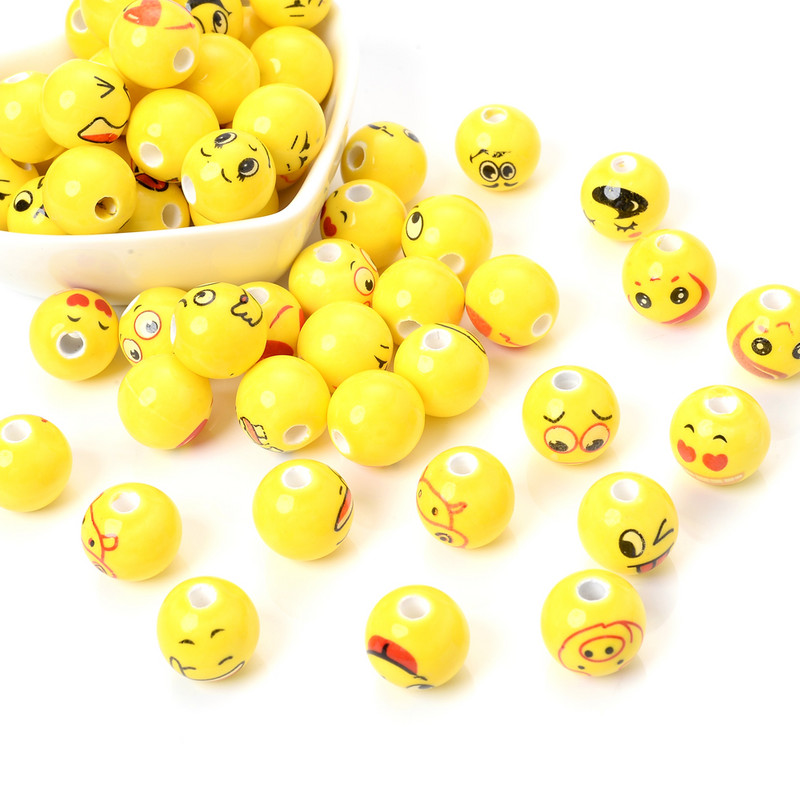 30 τμχ/παρτίδα 14mm Κεραμικές στρογγυλές χάντρες Κίτρινο χαμογελαστό πρόσωπο Χαρά Θυμό Θλίψη και Χάντρες χαράς για κοσμήματα Κατασκευή Diy Βραχιόλι Κολιέ