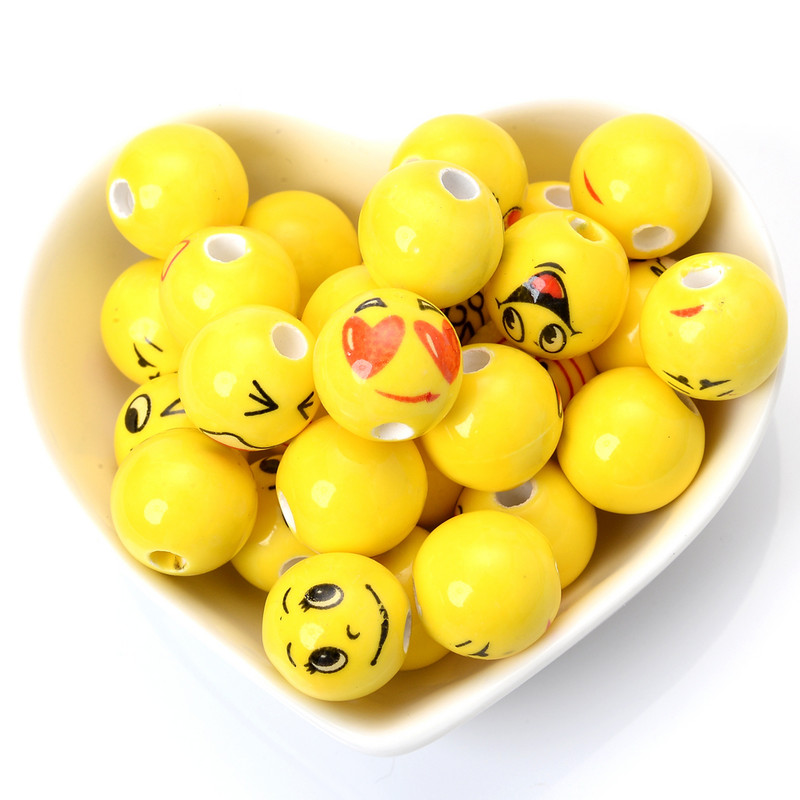 30 τμχ/παρτίδα 14mm Κεραμικές στρογγυλές χάντρες Κίτρινο χαμογελαστό πρόσωπο Χαρά Θυμό Θλίψη και Χάντρες χαράς για κοσμήματα Κατασκευή Diy Βραχιόλι Κολιέ