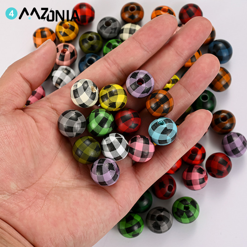 20/50 τμχ 16mm Πολύχρωμο μοτίβο πλέγματος Στρογγυλές ξύλινες χάντρες χύμα Spacer Ξύλινες χάντρες για κοσμήματα που κατασκευάζουν DIY αξεσουάρ βραχιολιών