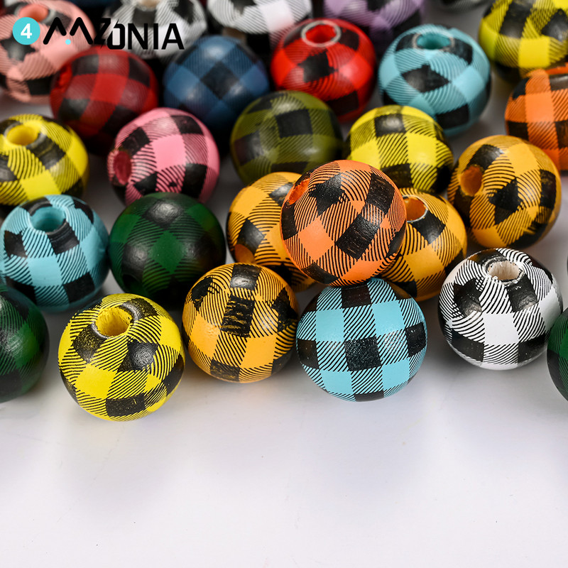 20/50 τμχ 16mm Πολύχρωμο μοτίβο πλέγματος Στρογγυλές ξύλινες χάντρες χύμα Spacer Ξύλινες χάντρες για κοσμήματα που κατασκευάζουν DIY αξεσουάρ βραχιολιών