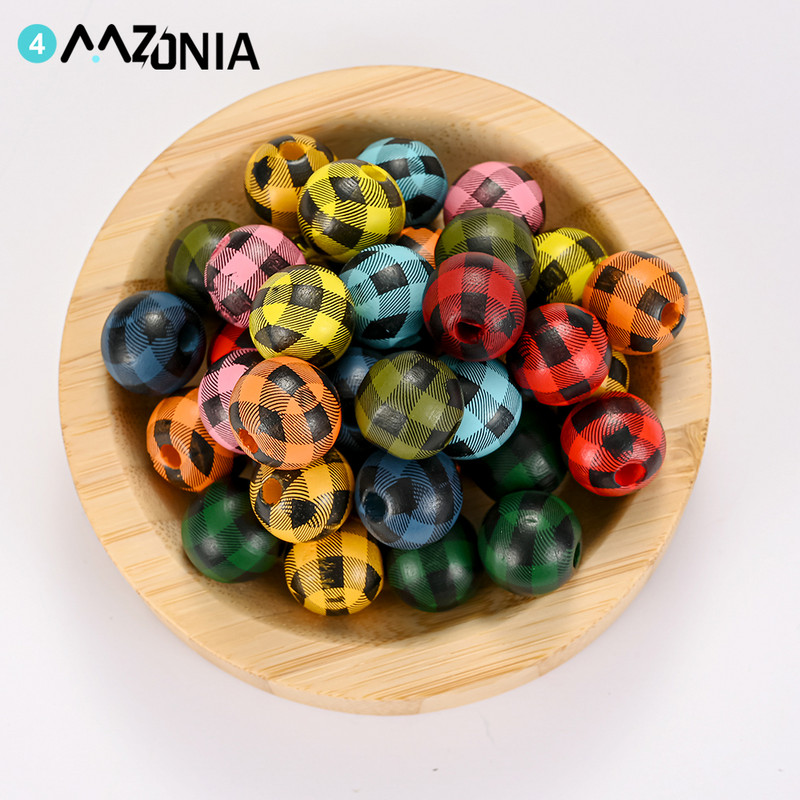20/50 τμχ 16mm Πολύχρωμο μοτίβο πλέγματος Στρογγυλές ξύλινες χάντρες χύμα Spacer Ξύλινες χάντρες για κοσμήματα που κατασκευάζουν DIY αξεσουάρ βραχιολιών