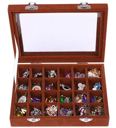 Hot Sale Baršun 24 rešetke Baršunasta kutija za nakit Prstenje Naušnice Ogrlice Privjesci Narukvice Šminka Organizator nakita Skladištenje