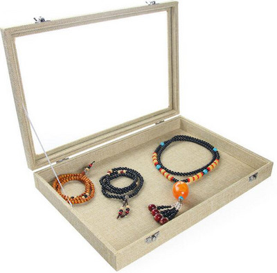 Vitrina de bijuterii din in galben naturală, tavă de depozitare, cutie de bijuterii cu capac de sticlă pentru colier, inel, cercei, brățară