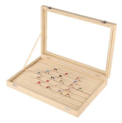 Vitrina de bijuterii din in galben naturală, tavă de depozitare, cutie de bijuterii cu capac de sticlă pentru colier, inel, cercei, brățară