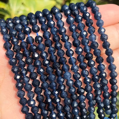 Natural Blue Sapphire Round Faceted Loose Spacer Tiny Beads DIY Bracelet Earring Charms for Jewelry Making 15inch  2/3/4mm