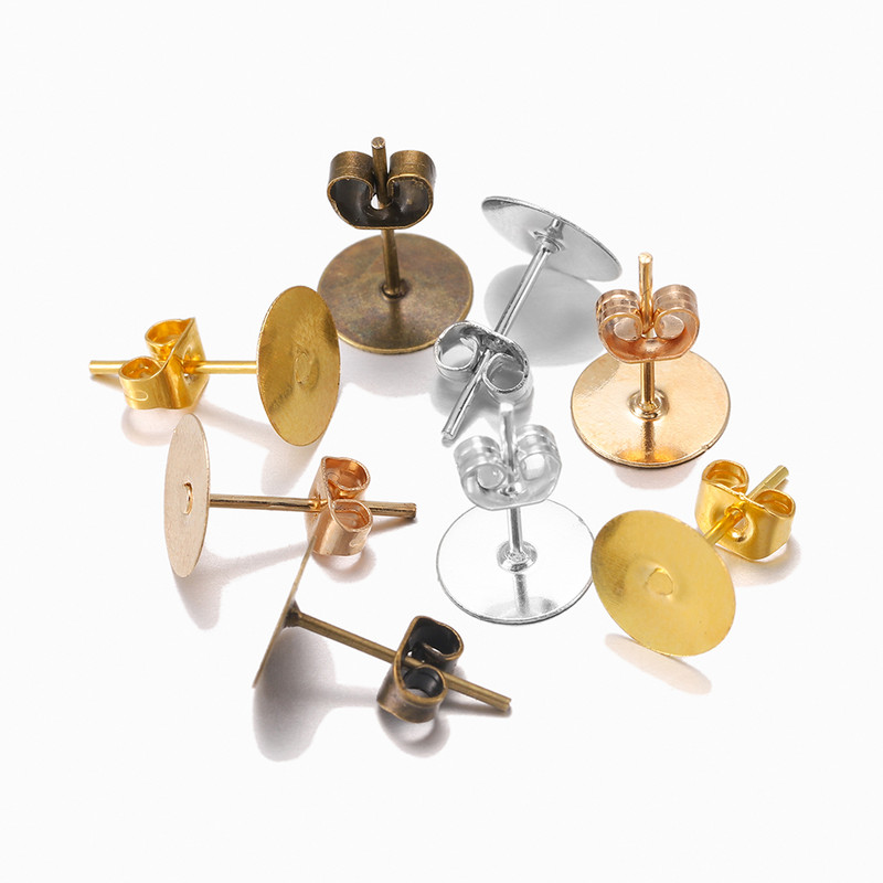 100 buc/lot 4-10mm Bronz Rodiu KC Aur Metal Necompletat Știfturi de bază pentru cercei, cu dop pentru cercei, spatele urechii pentru realizarea de bijuterii