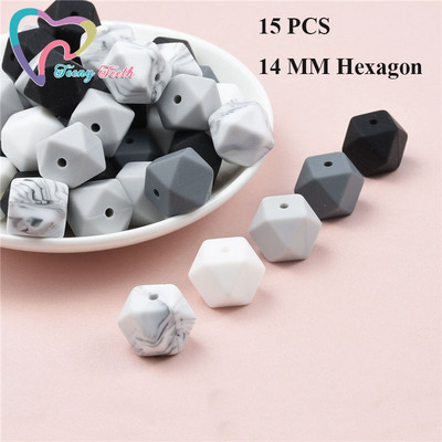 15 DB 4 színű vegyes 14 mm szilikon hatszög gyöngyök BPA mentes élelmiszer minőségű szilikon geometriai, nem mérgező baba rágható fogászati gyöngyök