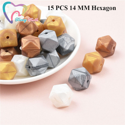 15 DB 4 színű vegyes 14 mm szilikon hatszög gyöngyök BPA mentes élelmiszer minőségű szilikon geometriai, nem mérgező baba rágható fogászati gyöngyök