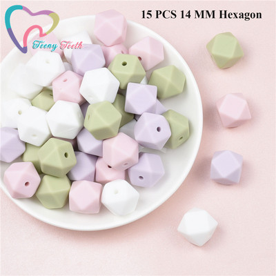 15 DB 4 színű vegyes 14 mm szilikon hatszög gyöngyök BPA mentes élelmiszer minőségű szilikon geometriai, nem mérgező baba rágható fogászati gyöngyök
