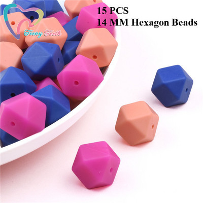 15 DB 4 színű vegyes 14 mm szilikon hatszög gyöngyök BPA mentes élelmiszer minőségű szilikon geometriai, nem mérgező baba rágható fogászati gyöngyök